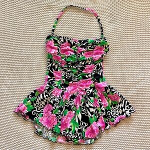 Vintage 80s 90s Catalina Floral One-Piece Swimsuit Dress, Size 8 Made in U.S.A.